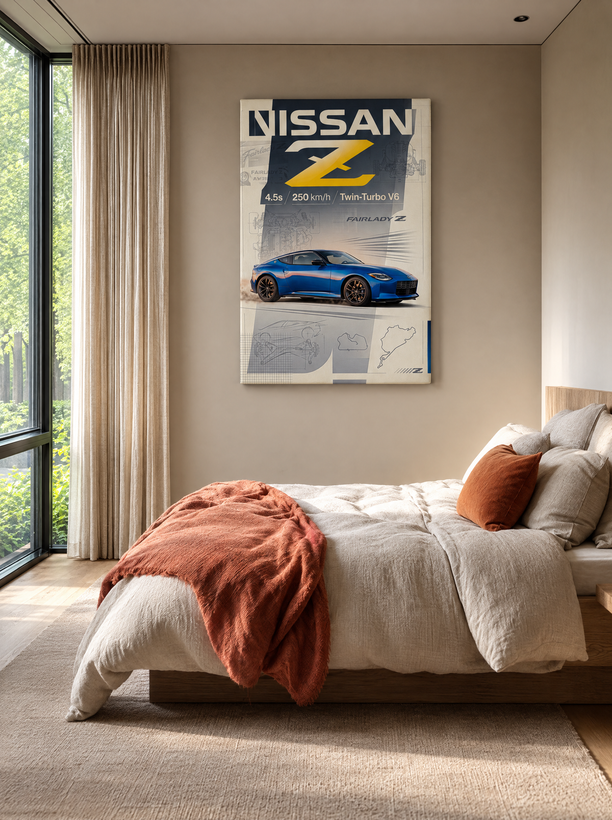 Nissan Z als canvas zonder lijst aan de muur