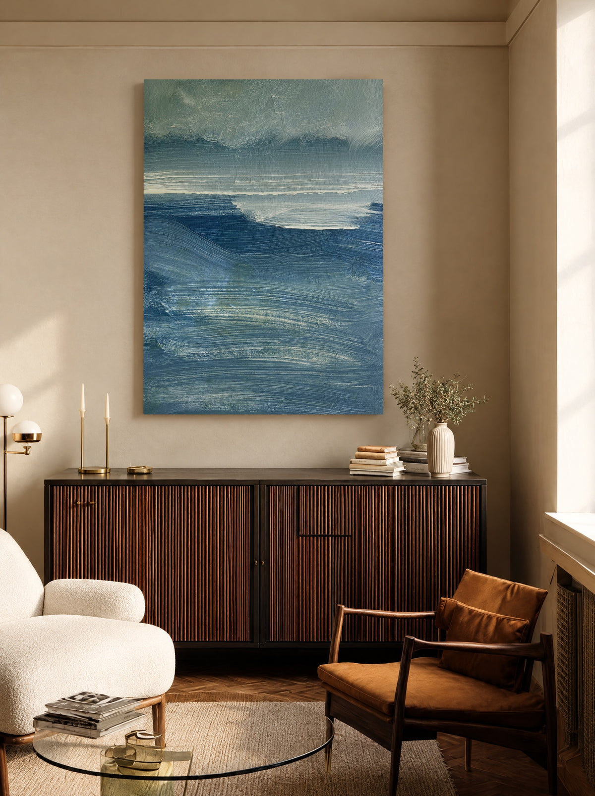 Noordzee in Penseelstreken als canvas zonder lijst aan de muur