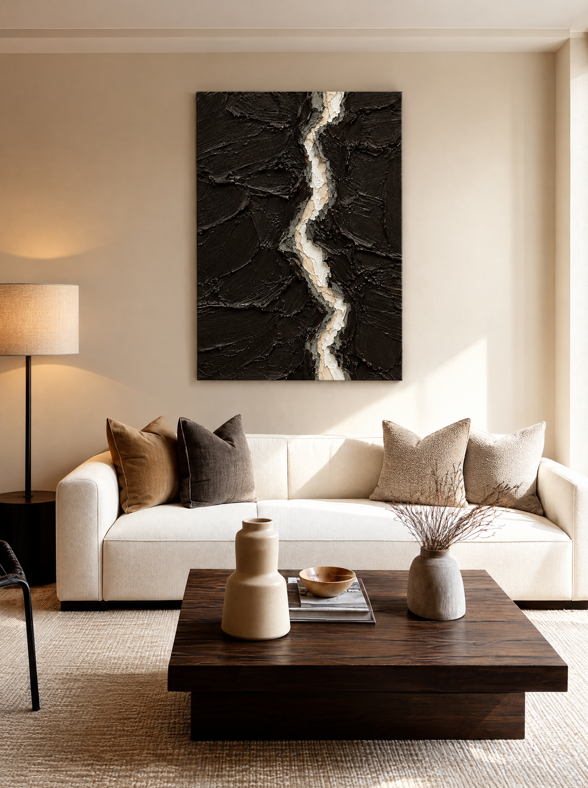 Notenhout Breuk in Zwartbruin als canvas zonder lijst aan de muur