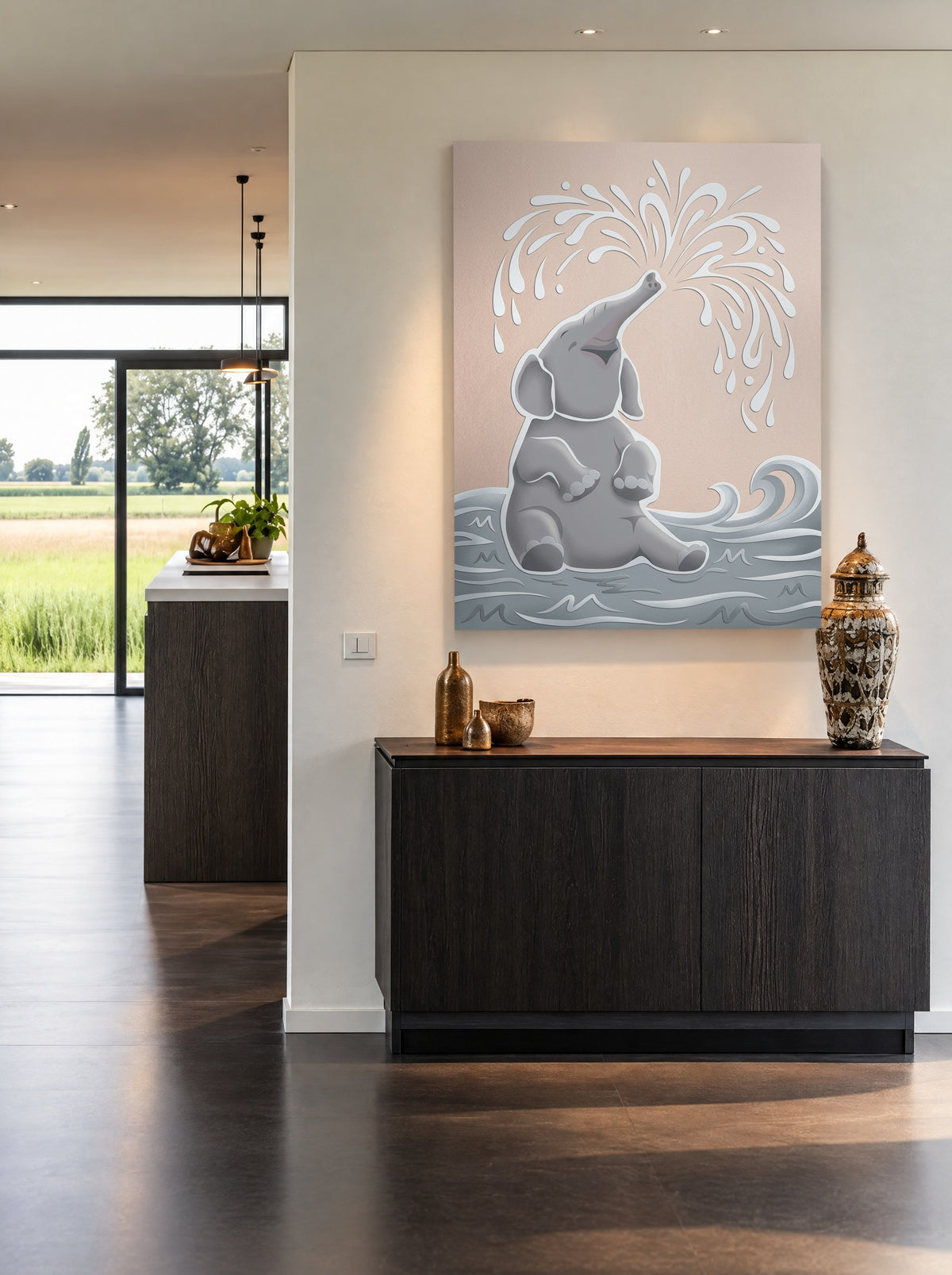 Olifant met Fonteintruc als canvas zonder lijst aan de muur