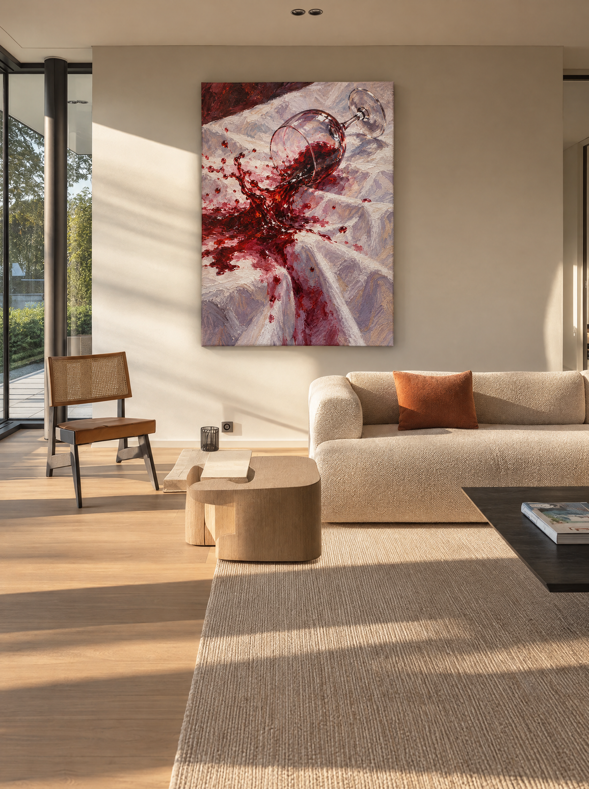 Omgevallen Glas Rode Wijn als canvas zonder lijst aan de muur
