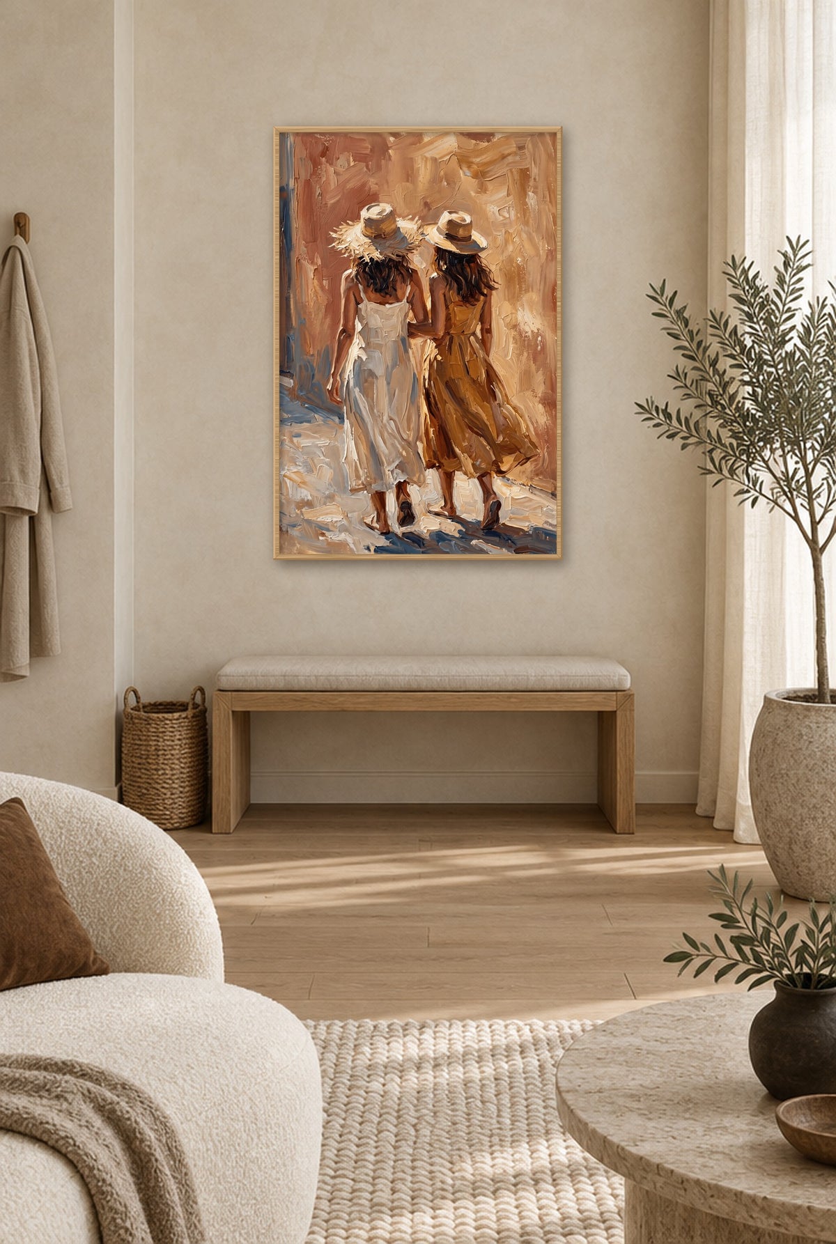 Onder Twee Hoeden wall art with natural wood frame on the wall in the hallway