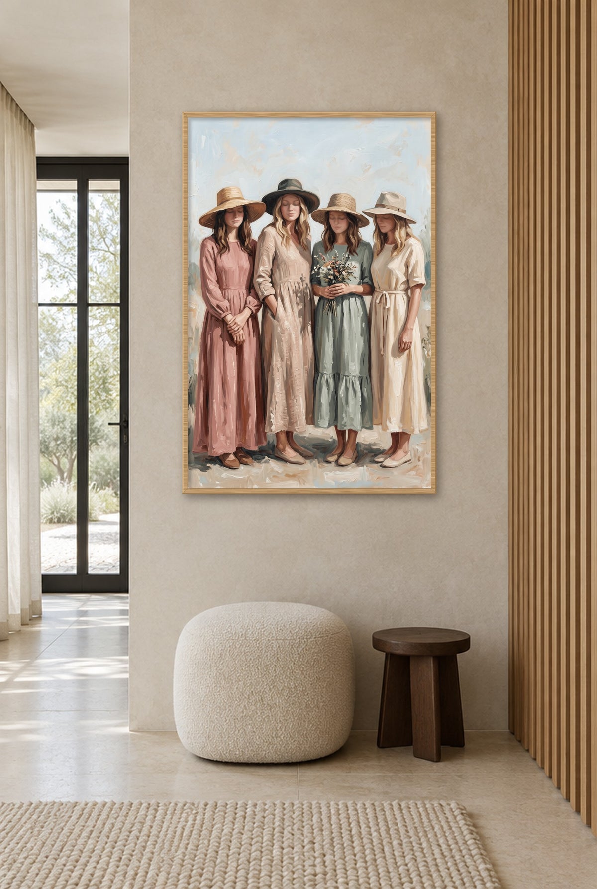 Onder Vier Hoeden Wandbild mit Naturholzrahmen an der Wand im Flur