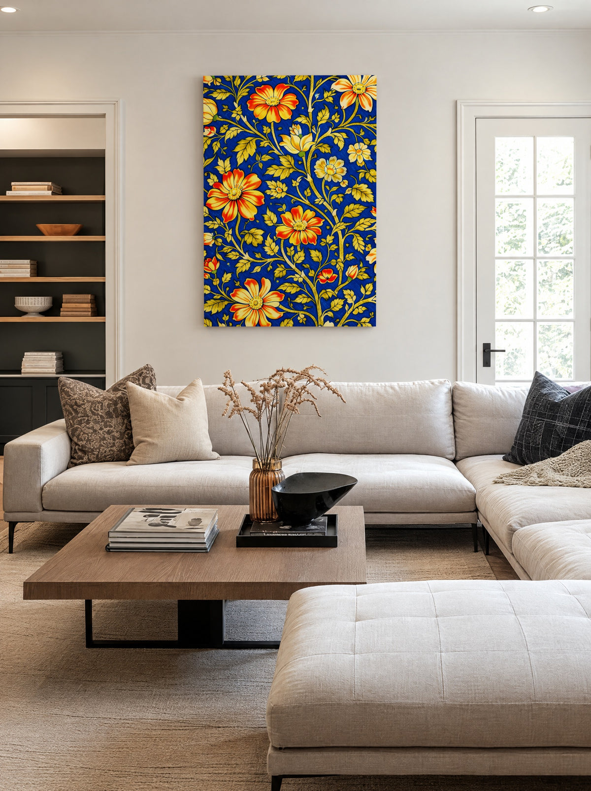 Oranje Bloemen in Koninklijk Blauw als canvas zonder lijst aan de muur