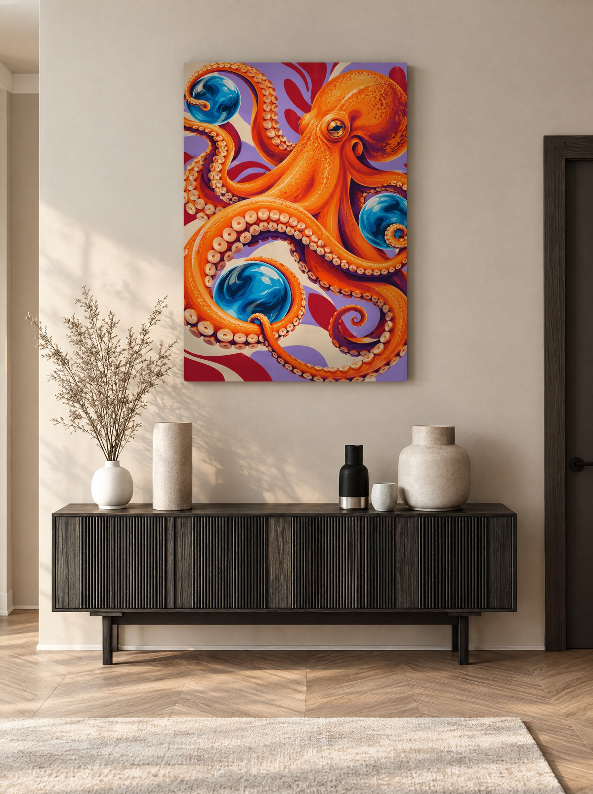 Oranje Octopus met Drie Azuurbollen als canvas zonder lijst aan de muur