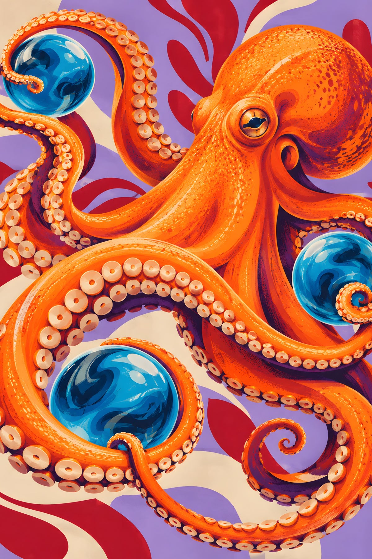 Oranje Octopus met Drie Azuurbollen popart canvas schilderij