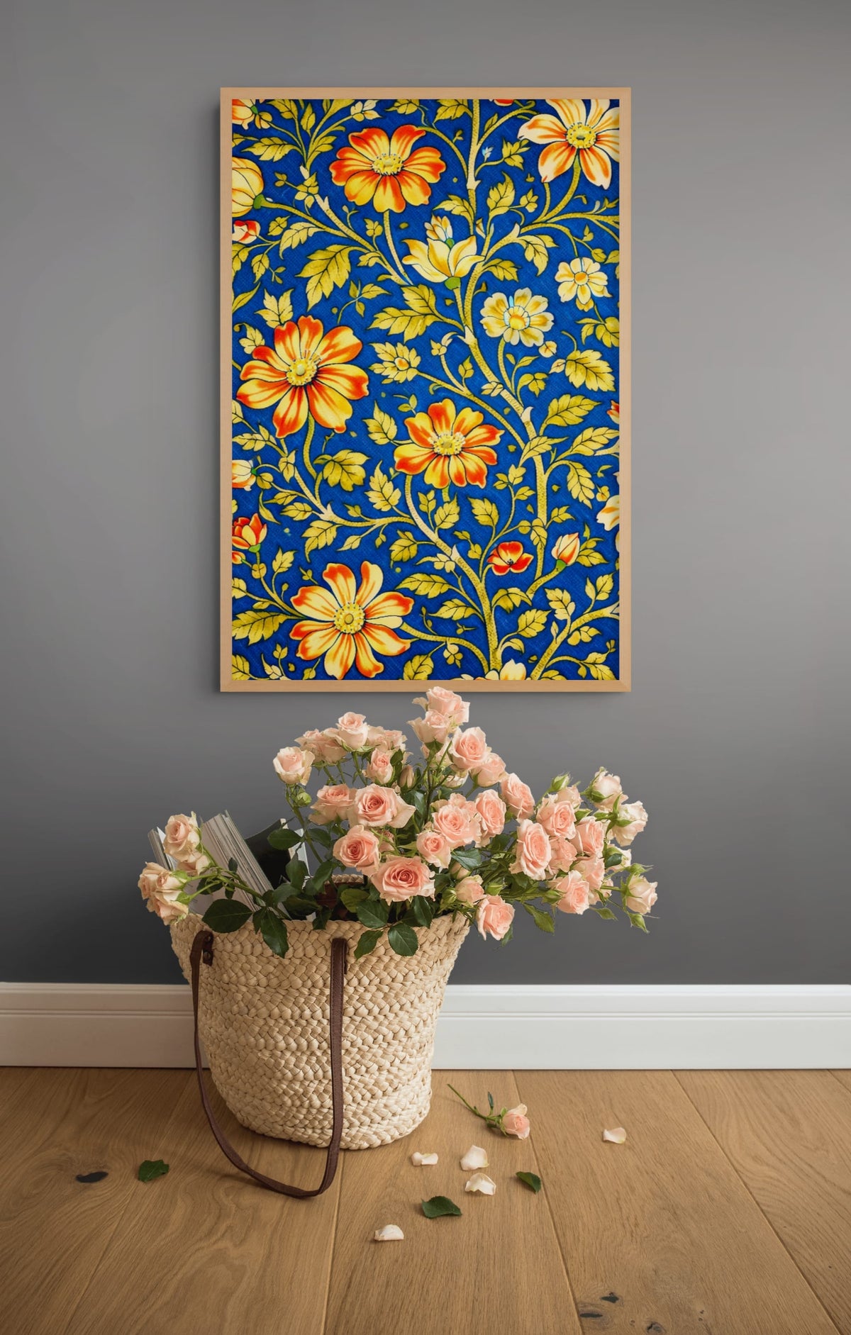 Oranje Bloemen in Koninklijk Blauw Schilderij