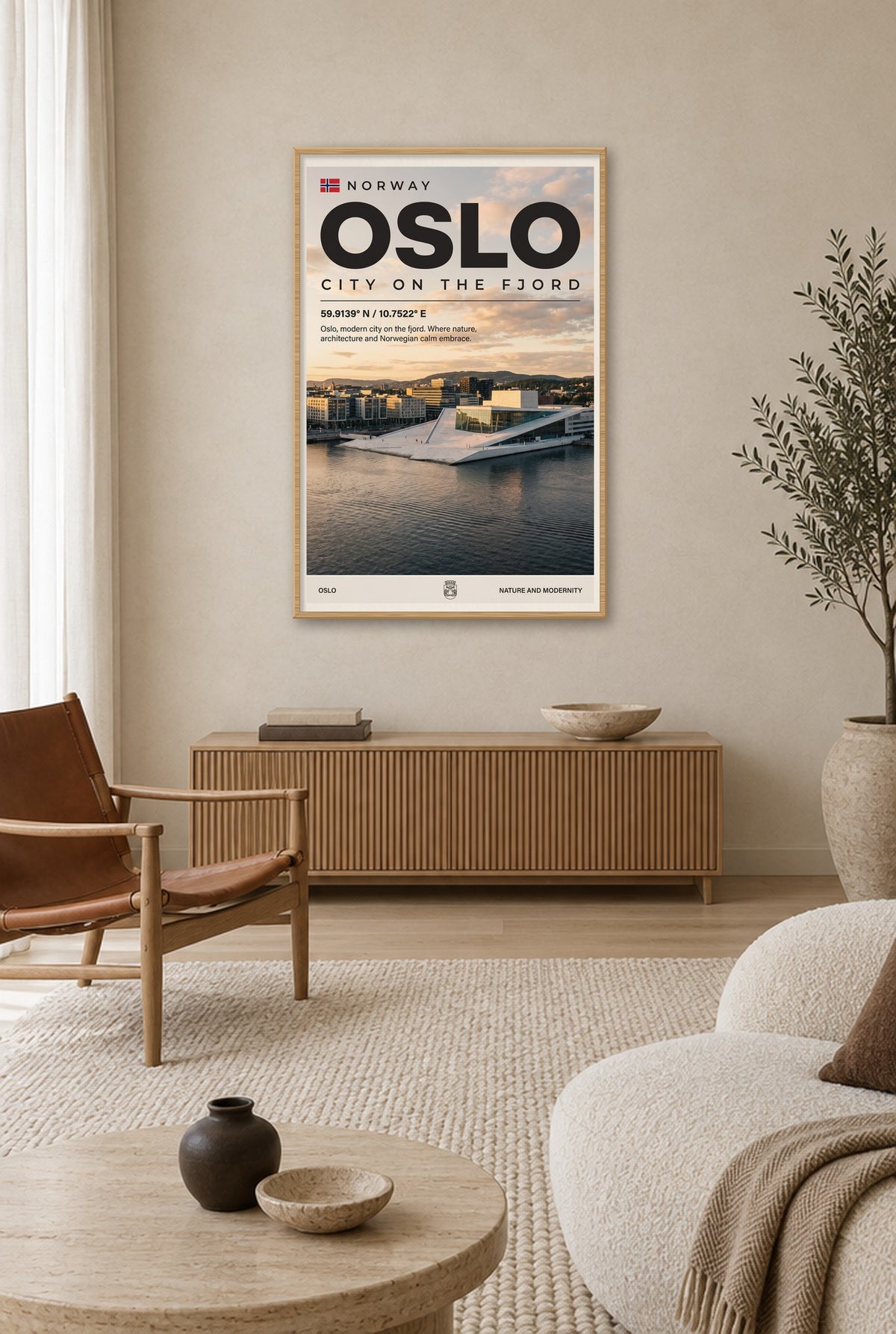 Oslo Stad aan de Fjord Wandbild mit Naturholzrahmen an der Wand im Wohnzimmer