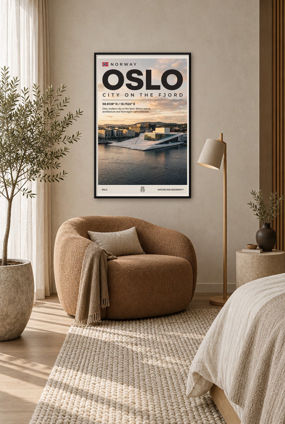Oslo Stad aan de Fjord Wandbild mit schwarzem Rahmen an der Wand im Schlafzimmer