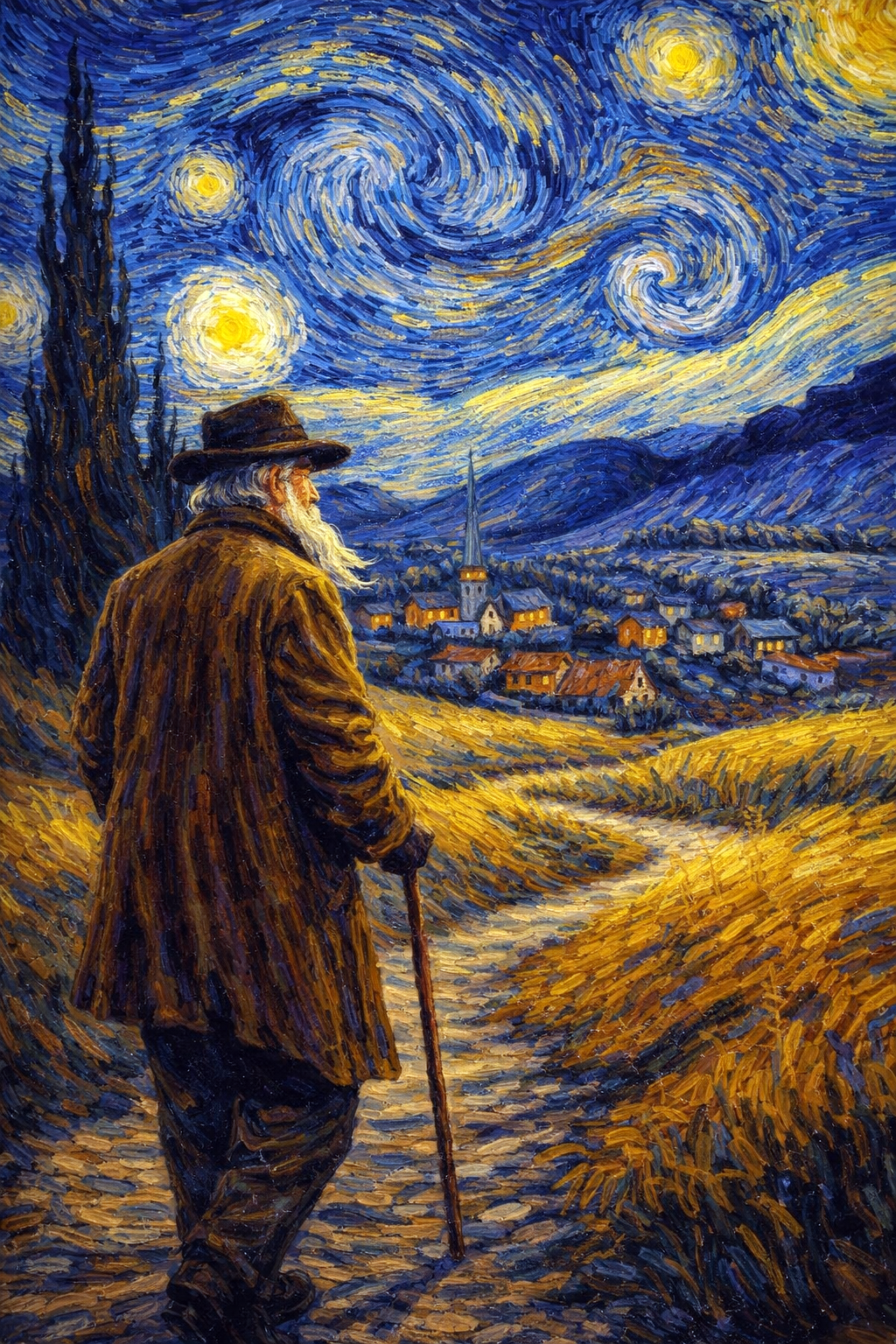 Schilderachtig beeld van een oude man met wandelstok kijkend over een dorp onder een wervelende sterrenhemel