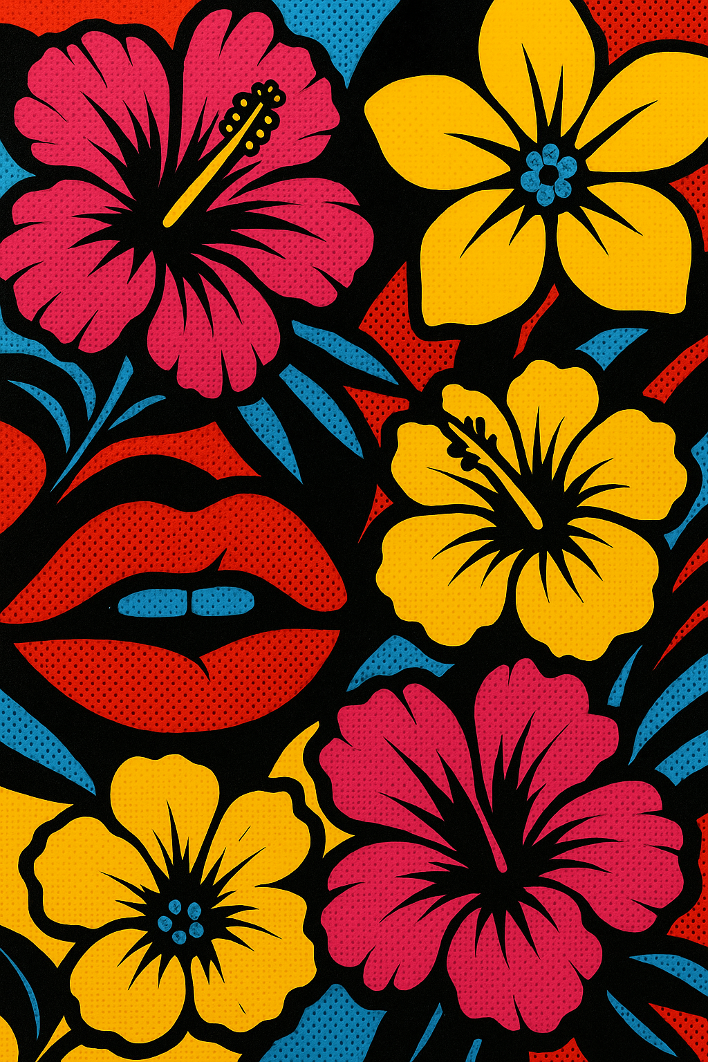 Pop art wanddecoratie met kleurrijke bloemen en lippen