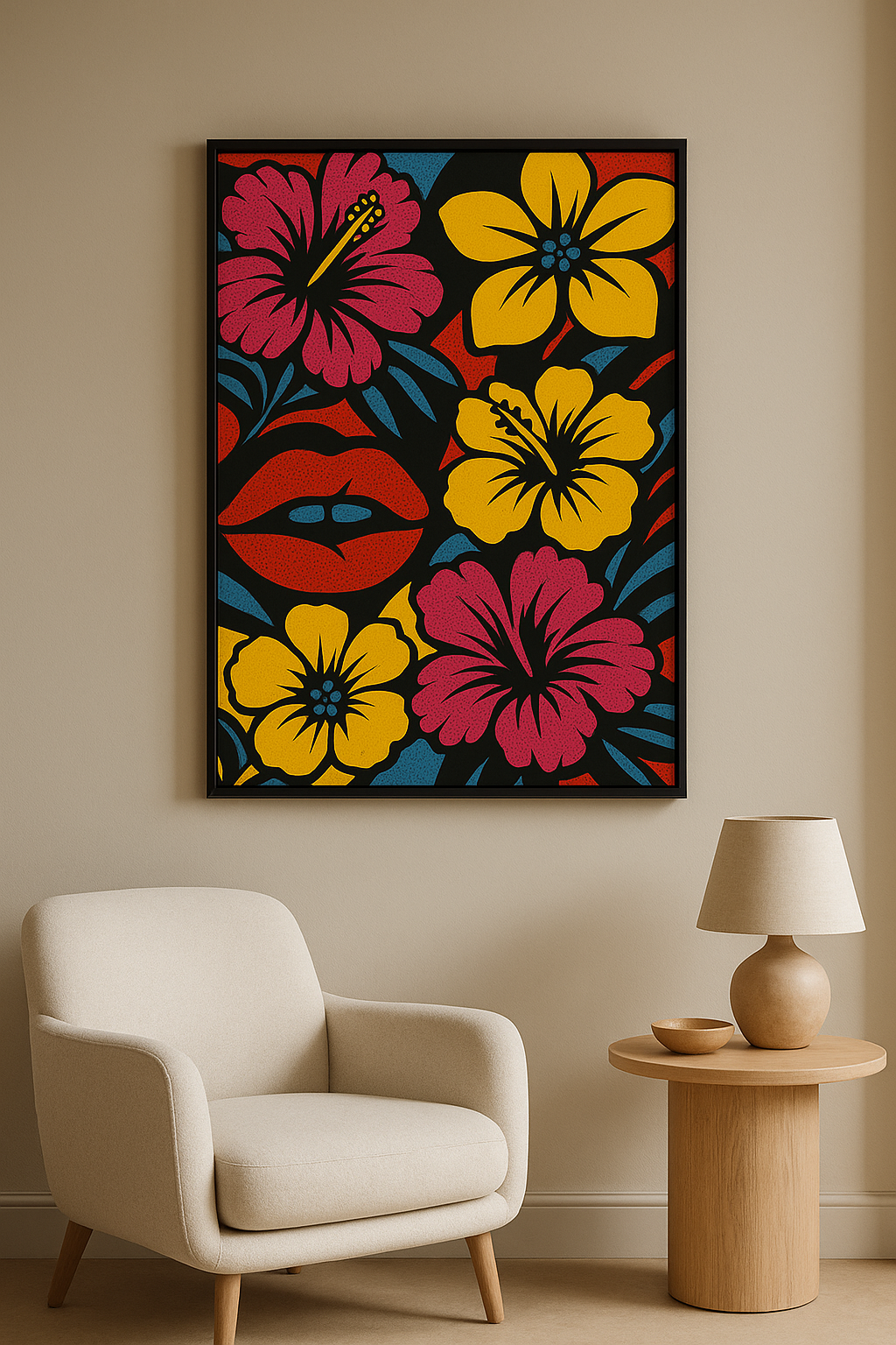 Pop art wanddecoratie met zwarte lijst in woonkamer