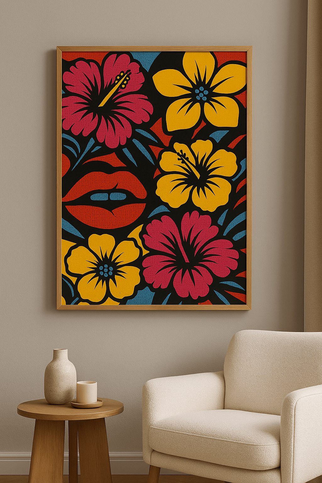 Pop art wanddecoratie met eiken lijst in woonkamer