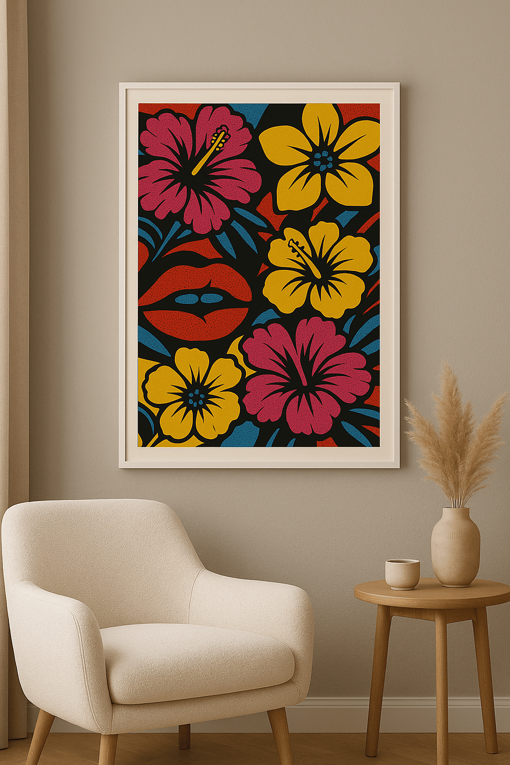 Pop art wanddecoratie met witte lijst in woonkamer