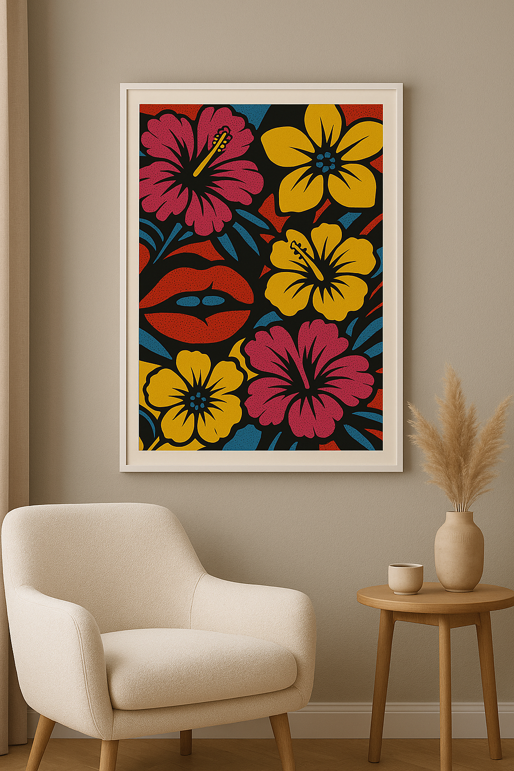 Pop art wanddecoratie met witte lijst in woonkamer