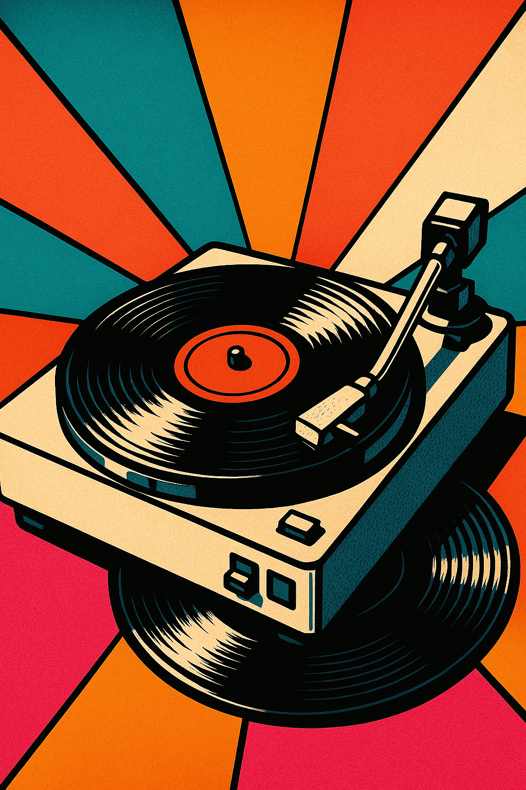 Pop art wanddecoratie met platenspeler en vinyl