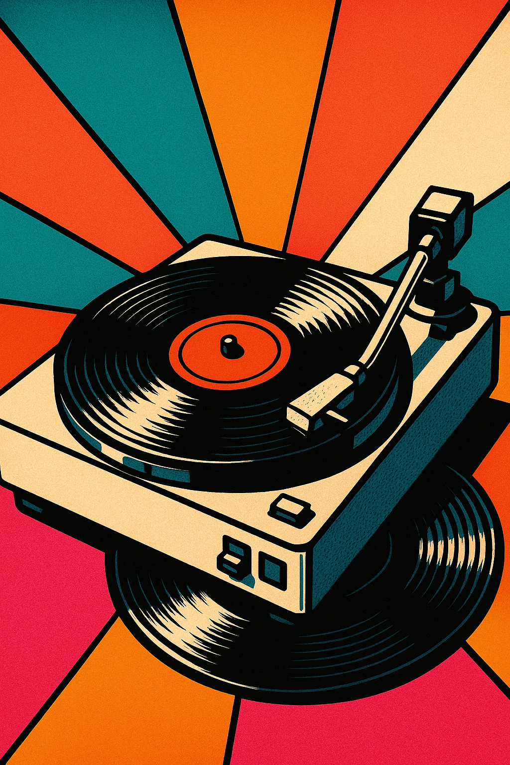 Pop art wanddecoratie met platenspeler en vinyl