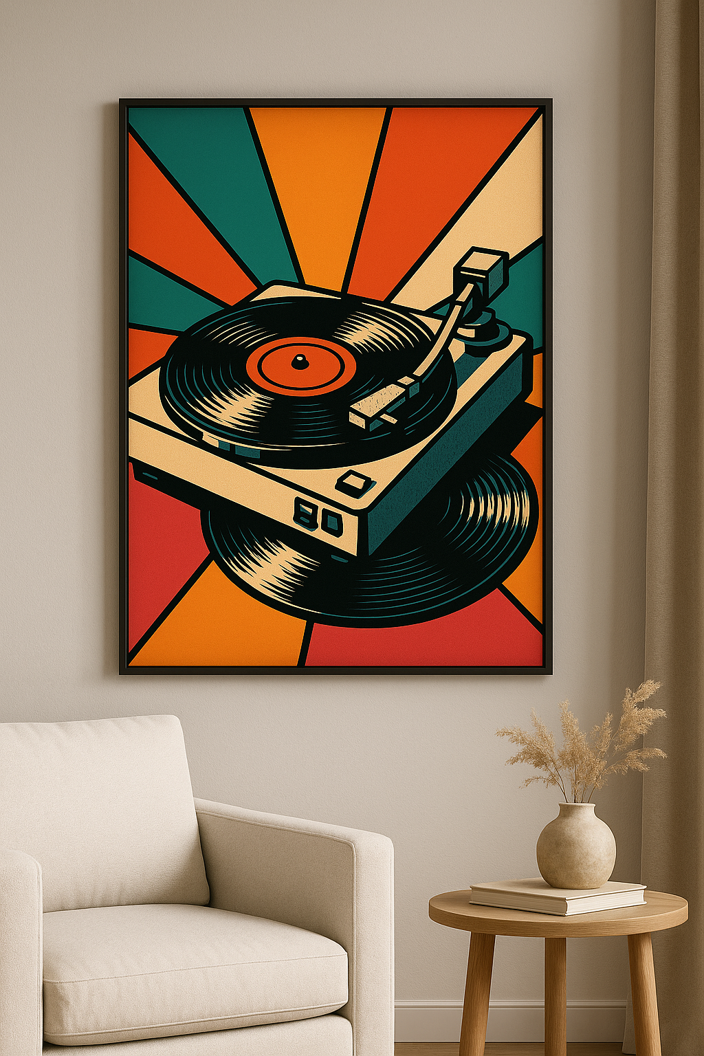Pop art platenspeler wanddecoratie met zwarte lijst in woonkamer