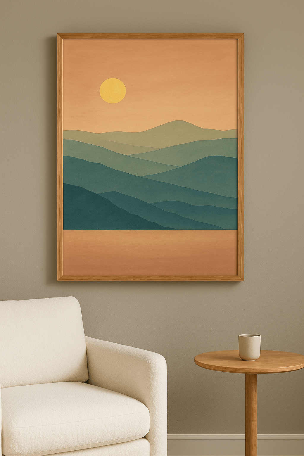 Serene Bergen Zonsondergang Schilderij - interieurmockup eiken lijst