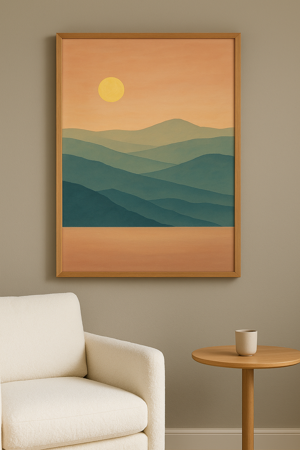 Wanddecoratie met eiken lijst in woonkamer
