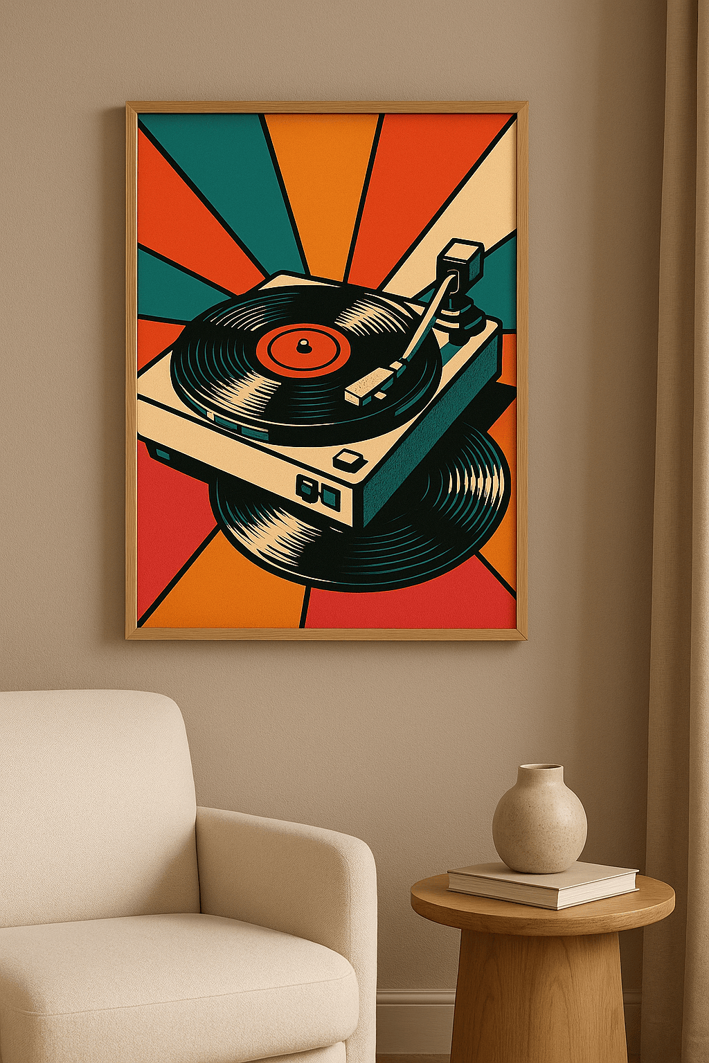 Pop art platenspeler wanddecoratie met eiken lijst in woonkamer