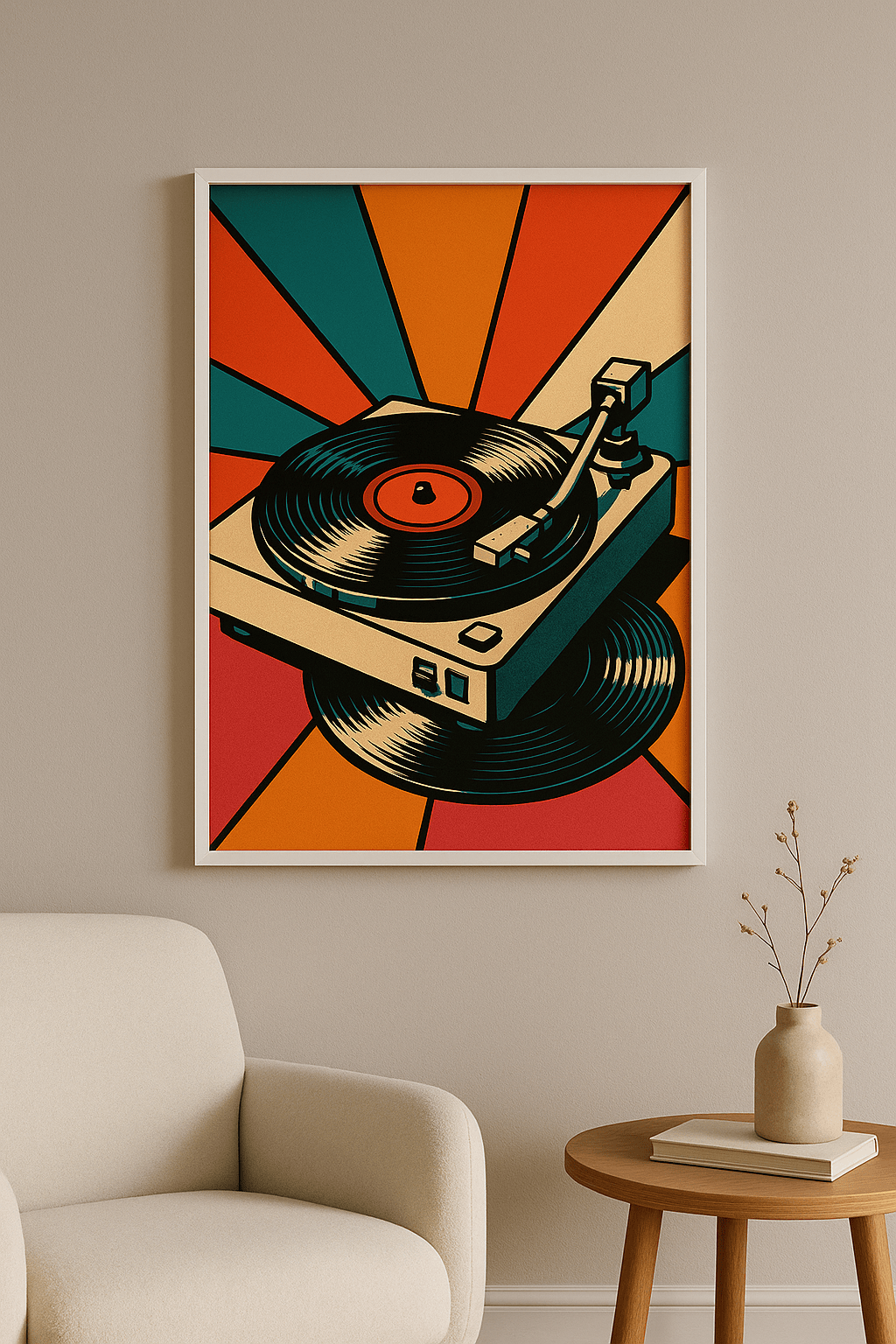 Pop art platenspeler wanddecoratie met witte lijst in woonkamer