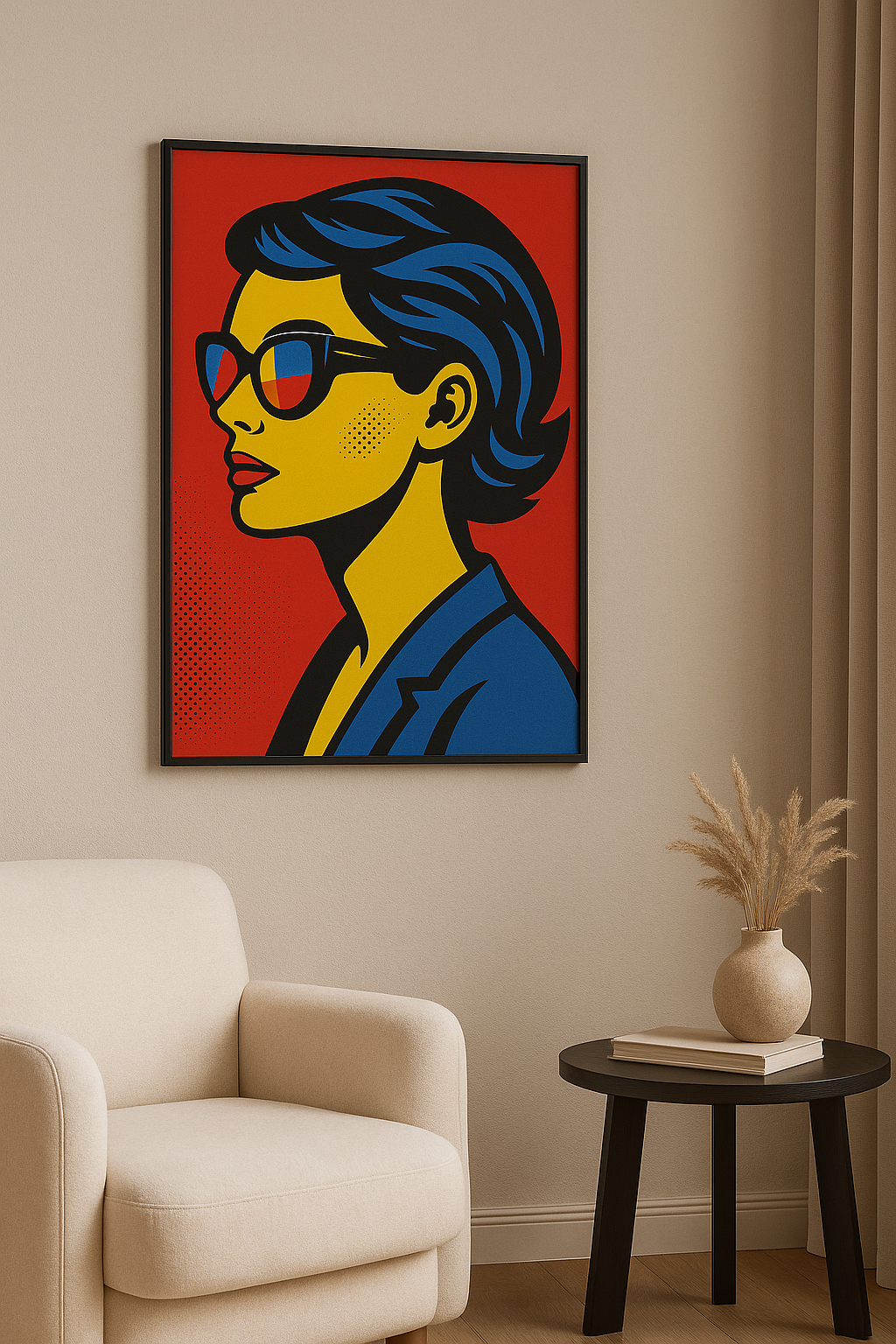Pop art portret wanddecoratie met zwarte lijst in woonkamer