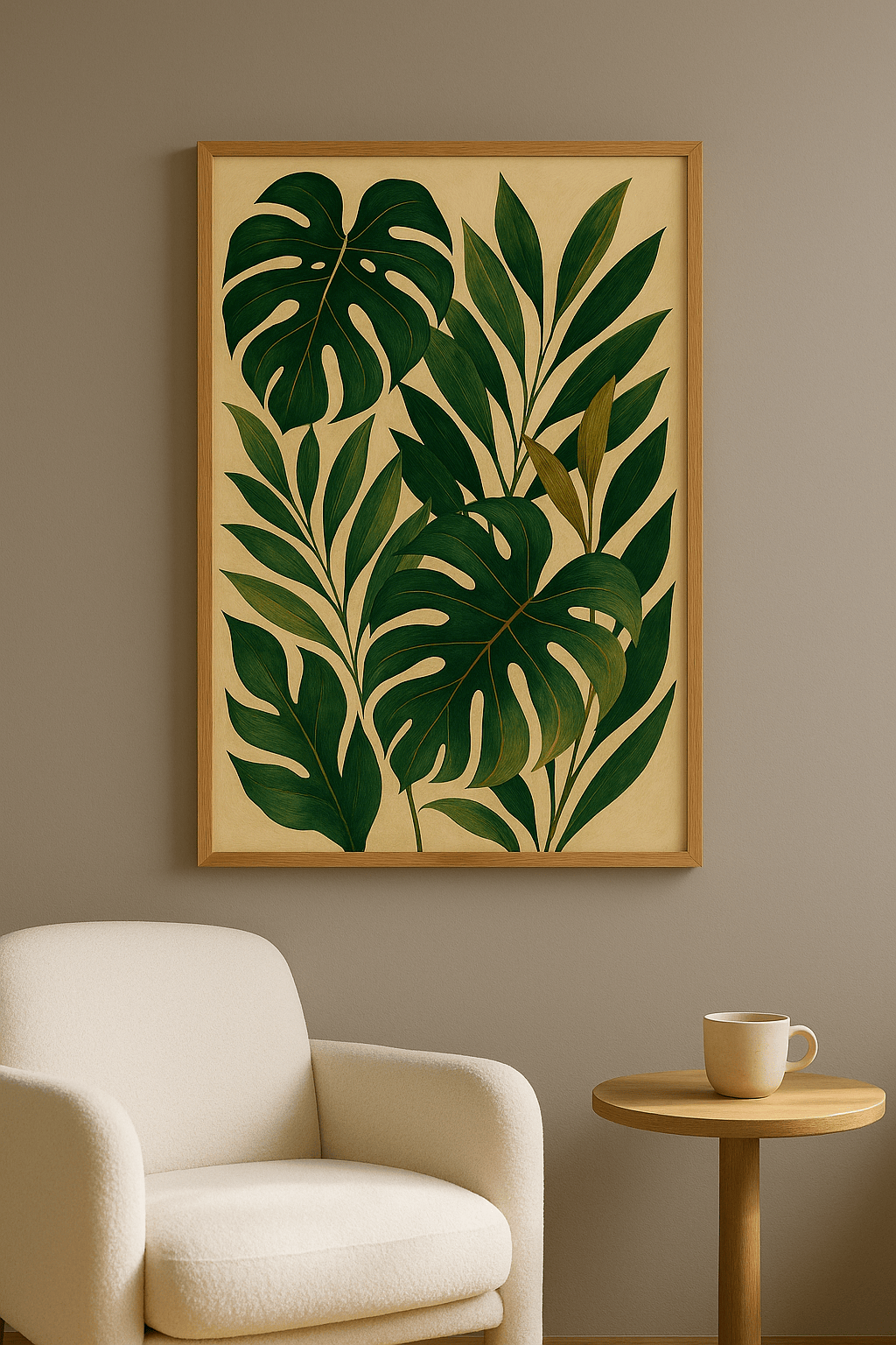 Emerald Botanische Bladeren Schilderij - interieurmockup eiken lijst