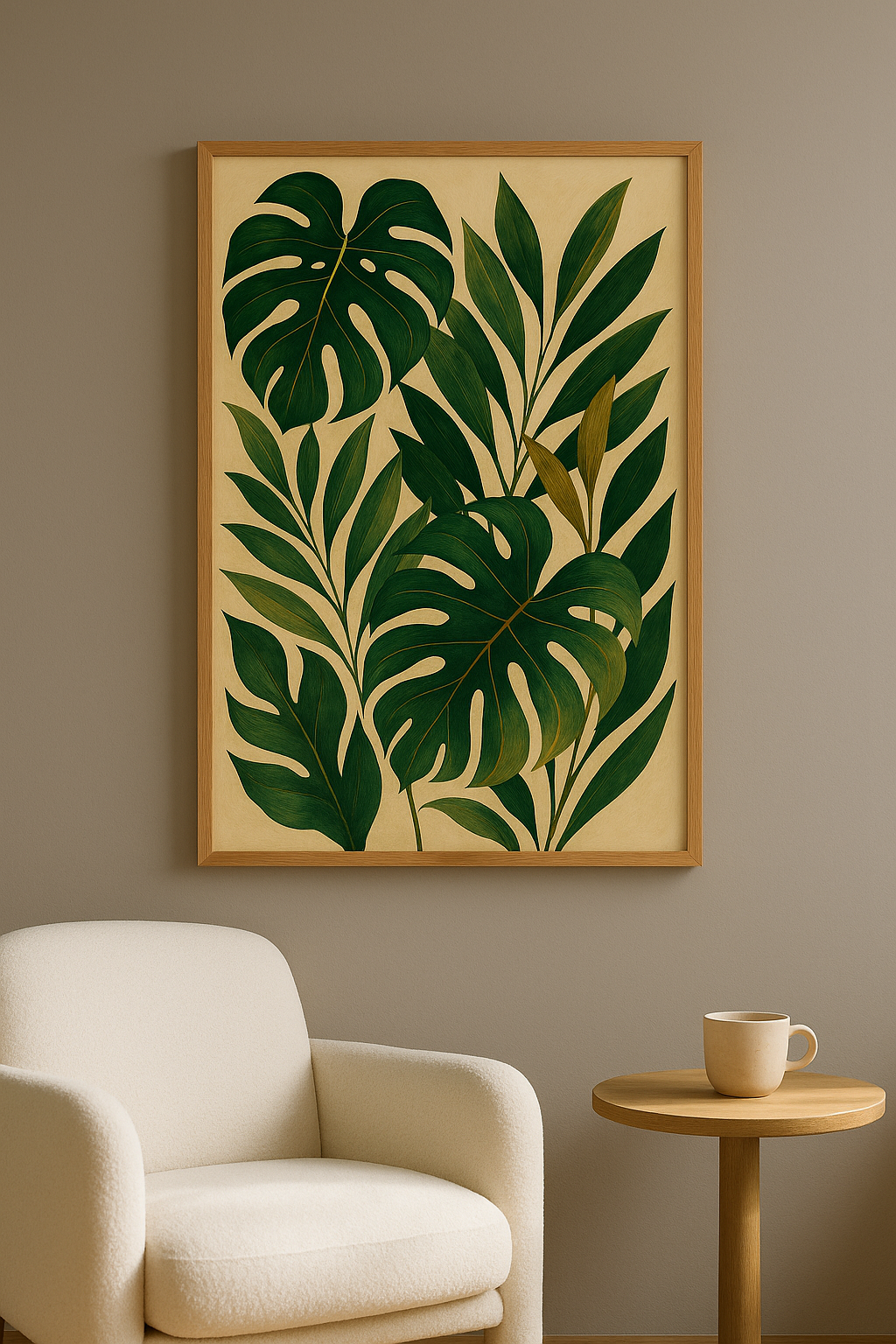 Wanddecoratie met eiken lijst in woonkamer