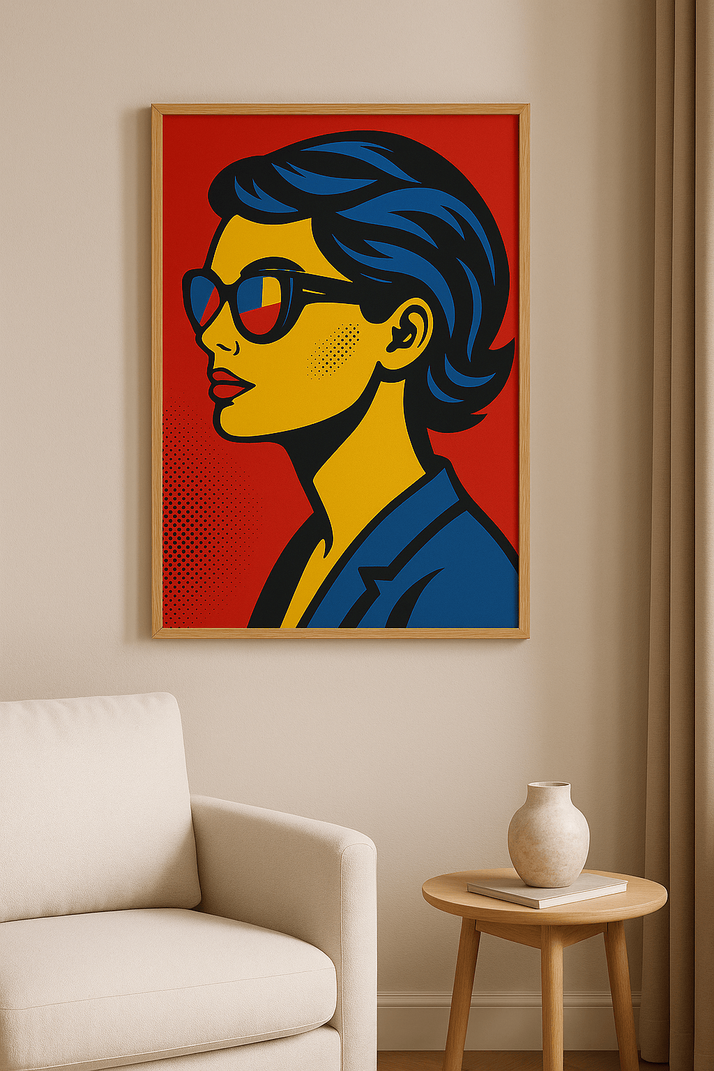 Pop art portret wanddecoratie met eiken lijst in woonkamer