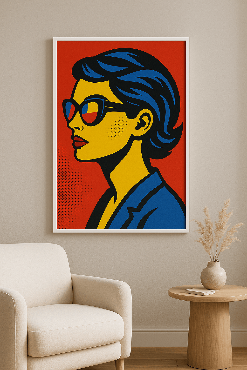 Pop art portret wanddecoratie met witte lijst in woonkamer