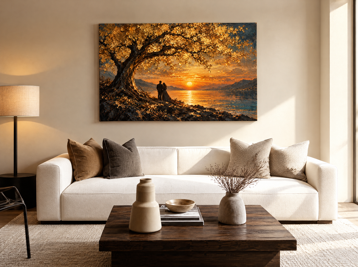 Paar onder Gouden Bladeren als canvas zonder lijst aan de muur