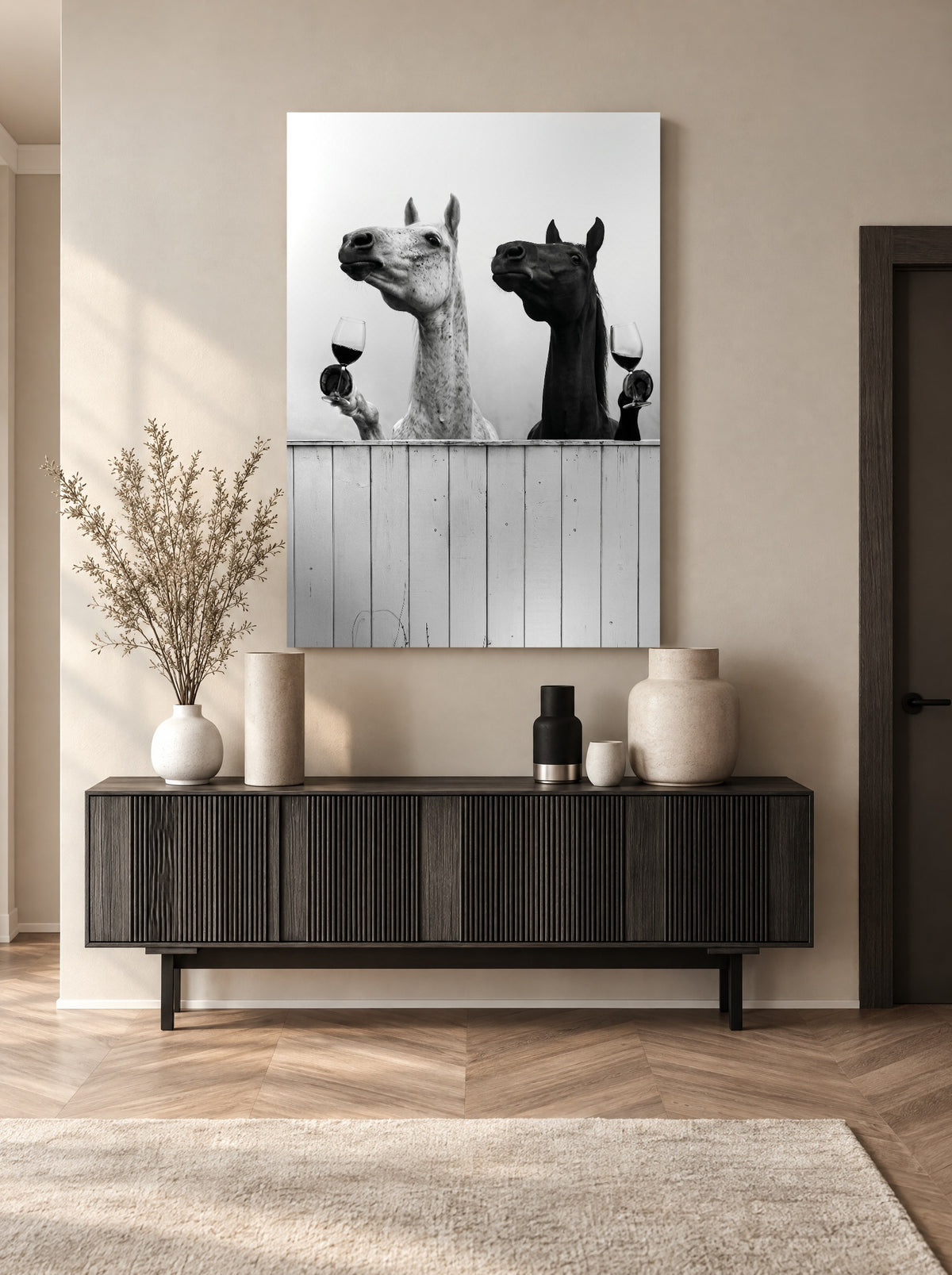 Paarden met Pinot Noir als canvas zonder lijst aan de muur