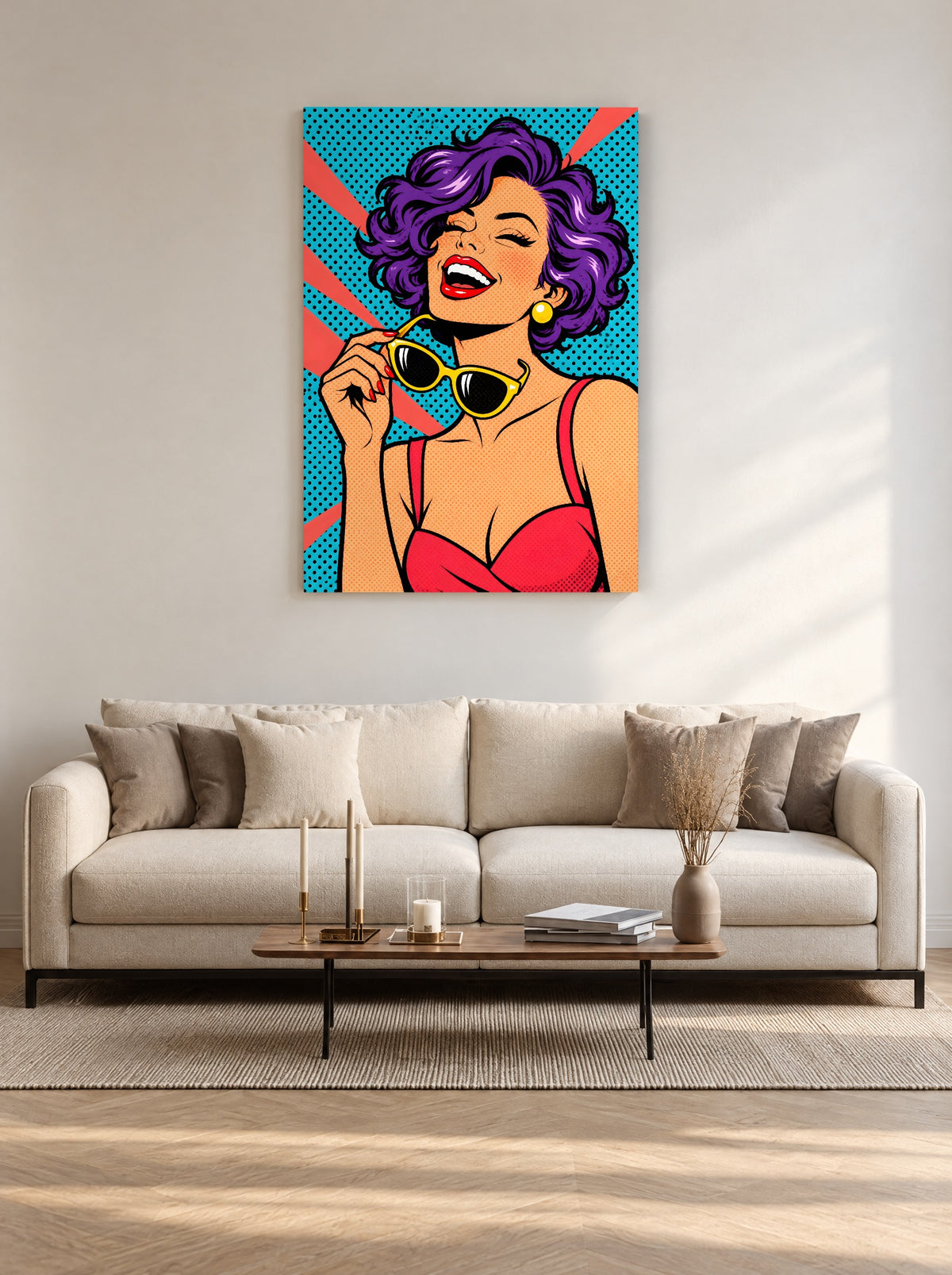 Paarse Krullen en Gele Zonnebril als canvas zonder lijst aan de muur