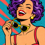 Paarse Krullen en Gele Zonnebril popart canvas schilderij