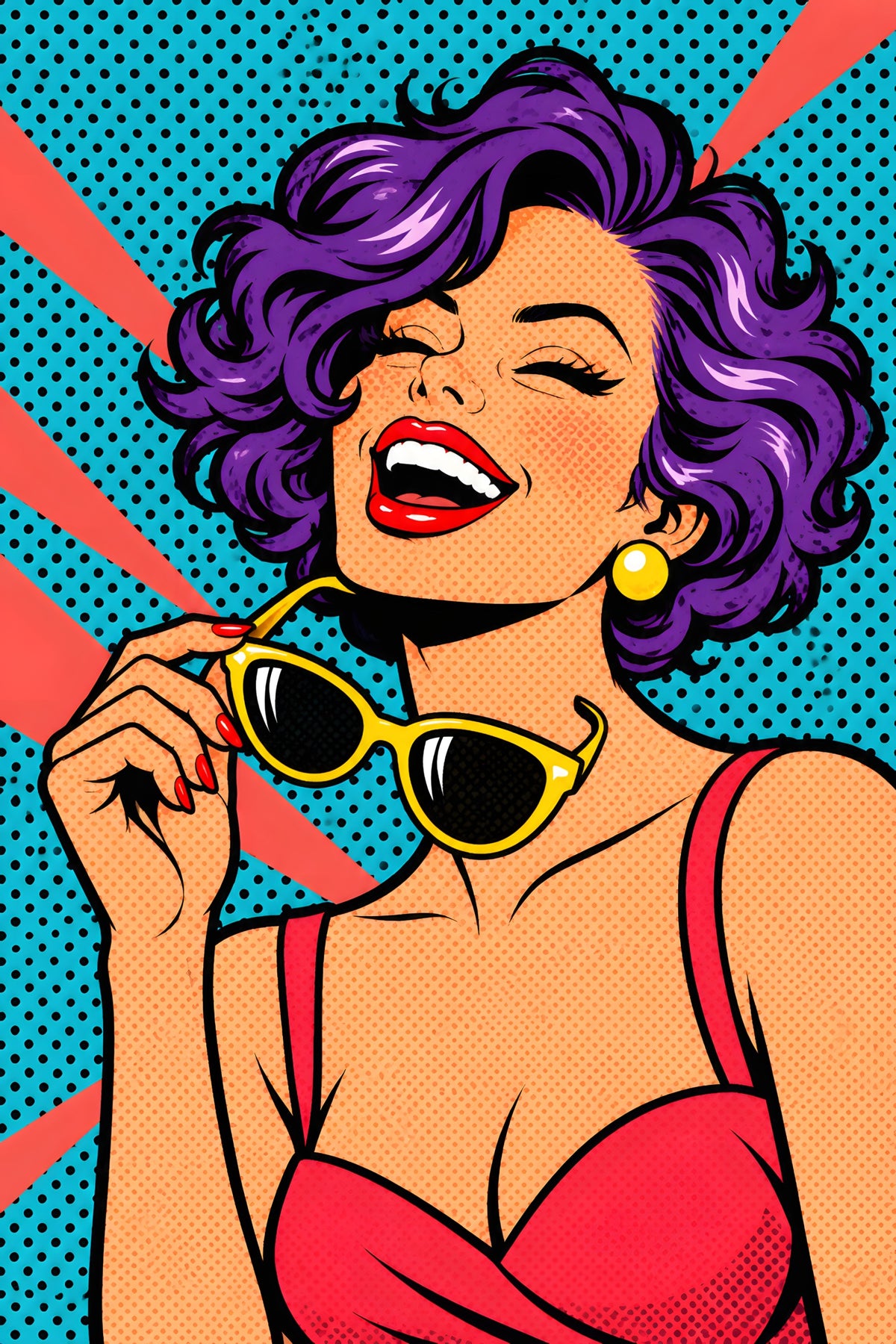 Paarse Krullen en Gele Zonnebril popart canvas schilderij