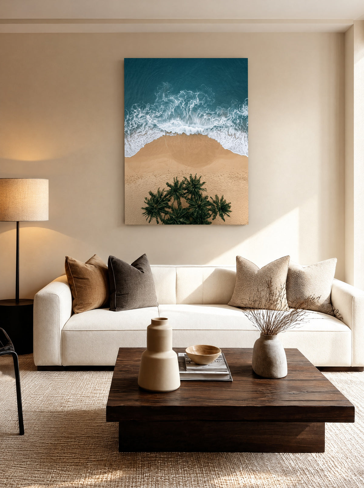 Palmen onder Zilte Golven als canvas zonder lijst aan de muur