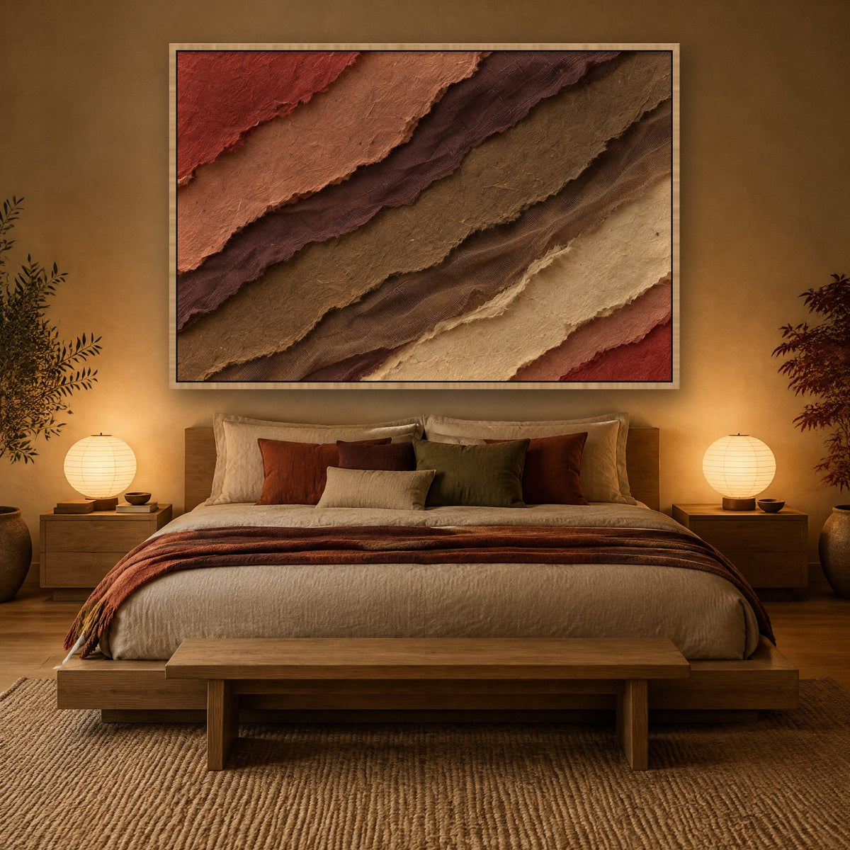 Papiercanyon in Ziegelrot und Olive Wandbild mit Naturholzrahmen an der Wand im Schlafzimmer
