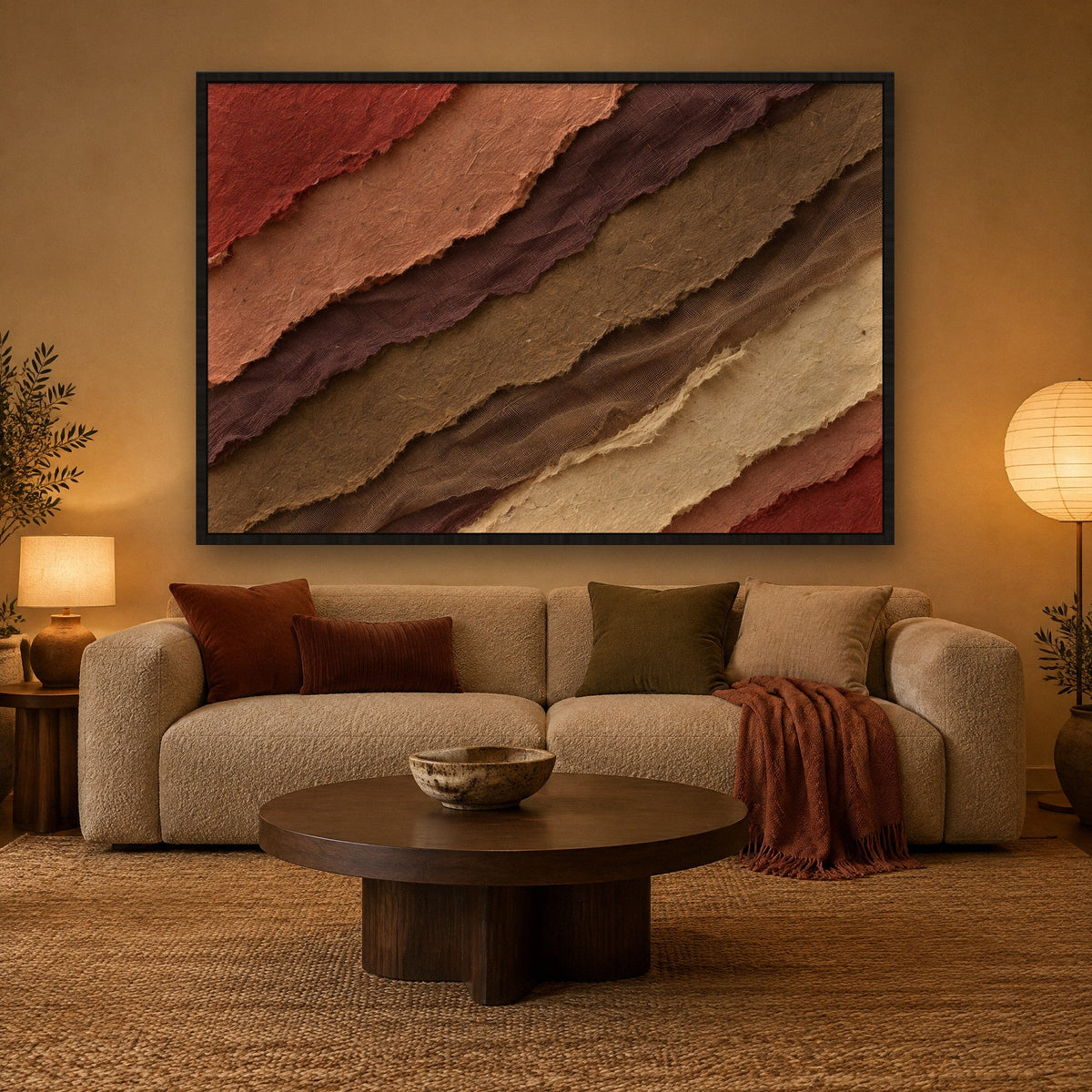 Papiercanyon in Ziegelrot und Olive Wandbild mit schwarzem Rahmen an der Wand im Wohnzimmer