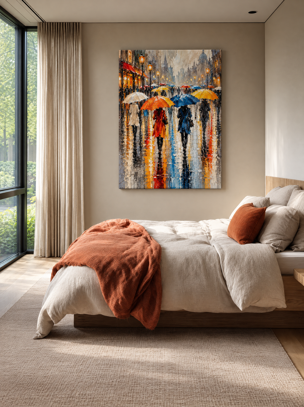 Paraplu's door de Regenstraat als canvas zonder lijst aan de muur