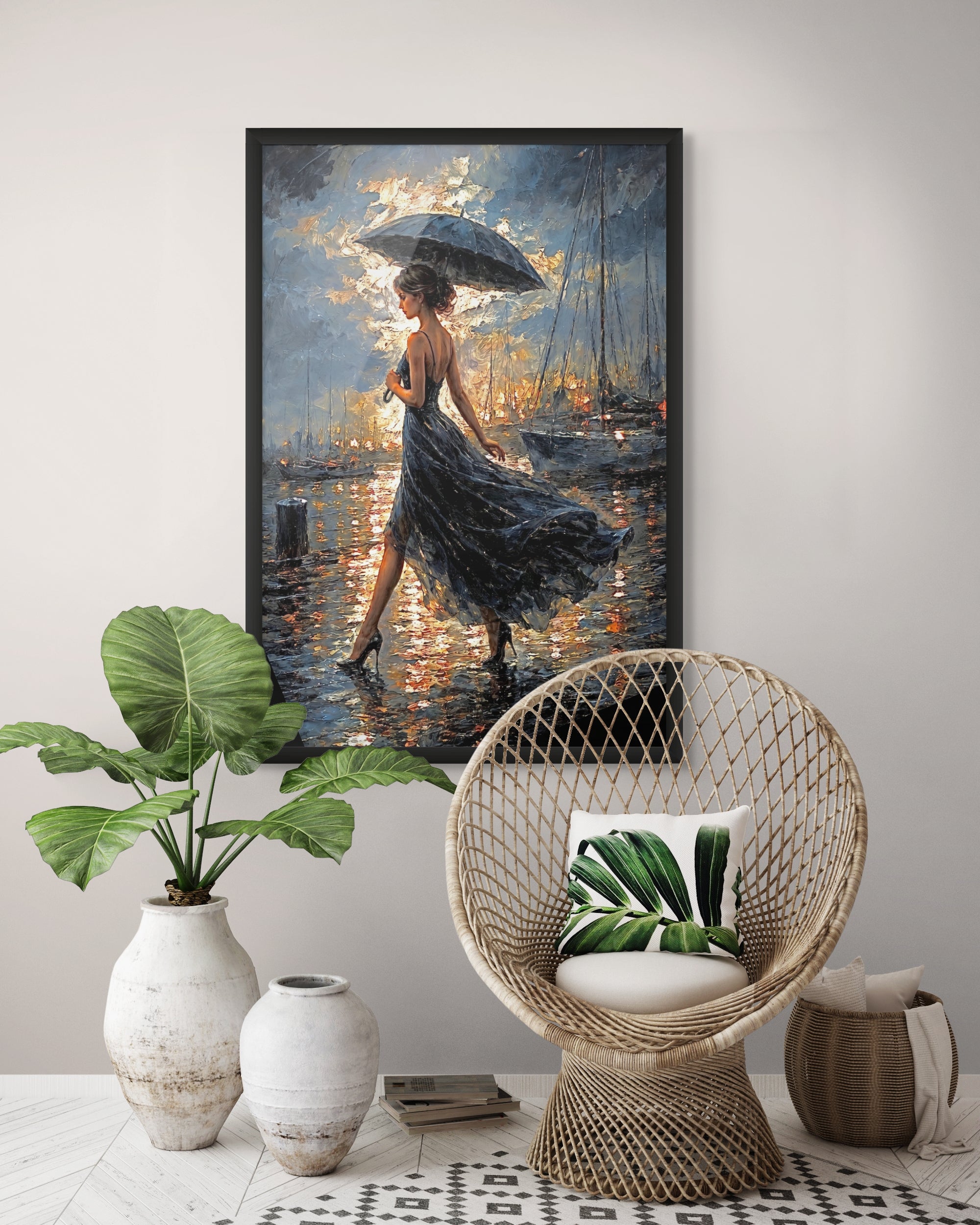 Paraplu bij Gouden Haven Wanddecoratie – Romantisch Kust Canvas Print