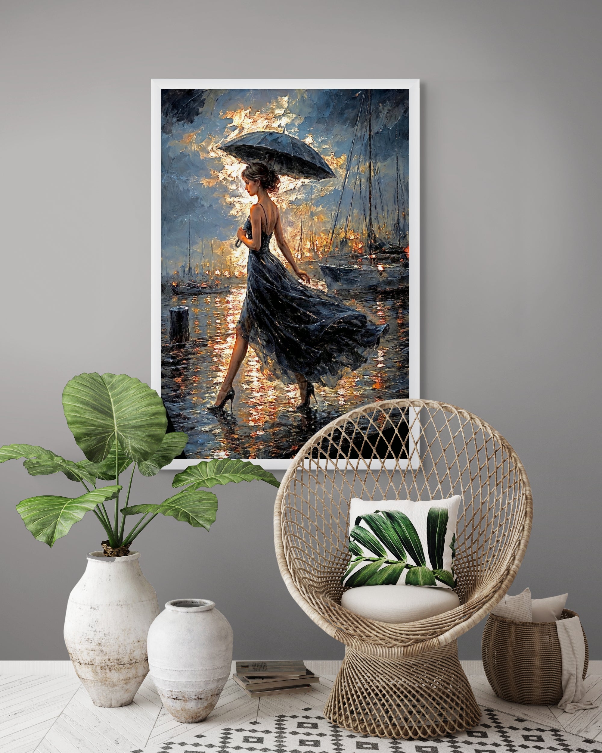 Paraplu bij Gouden Haven Wanddecoratie – Romantisch Kust Canvas Print