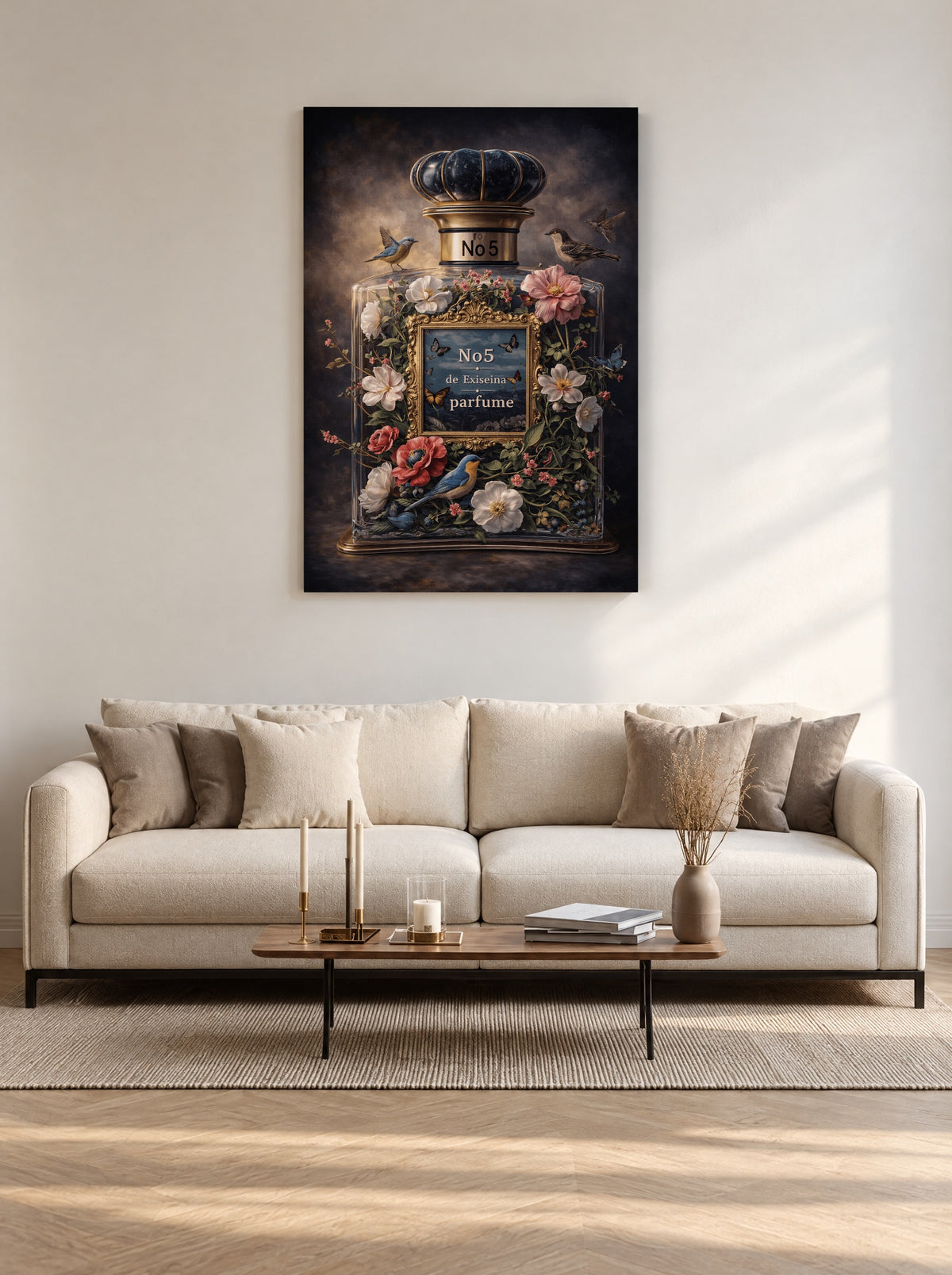 Parfum de Bloemen No.5 als canvas zonder lijst aan de muur