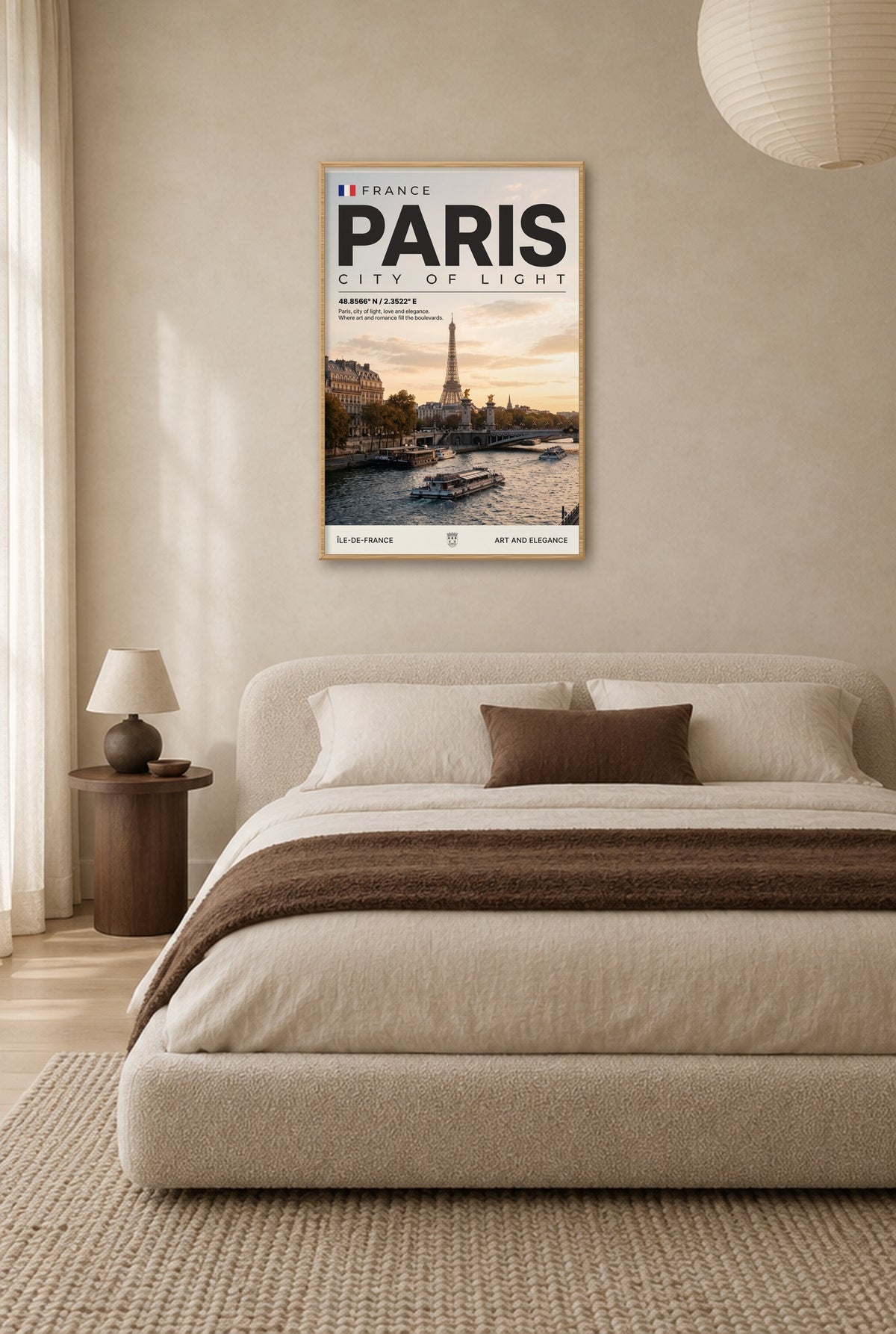 Parijs Stad van Licht Wandbild mit Naturholzrahmen an der Wand im Schlafzimmer