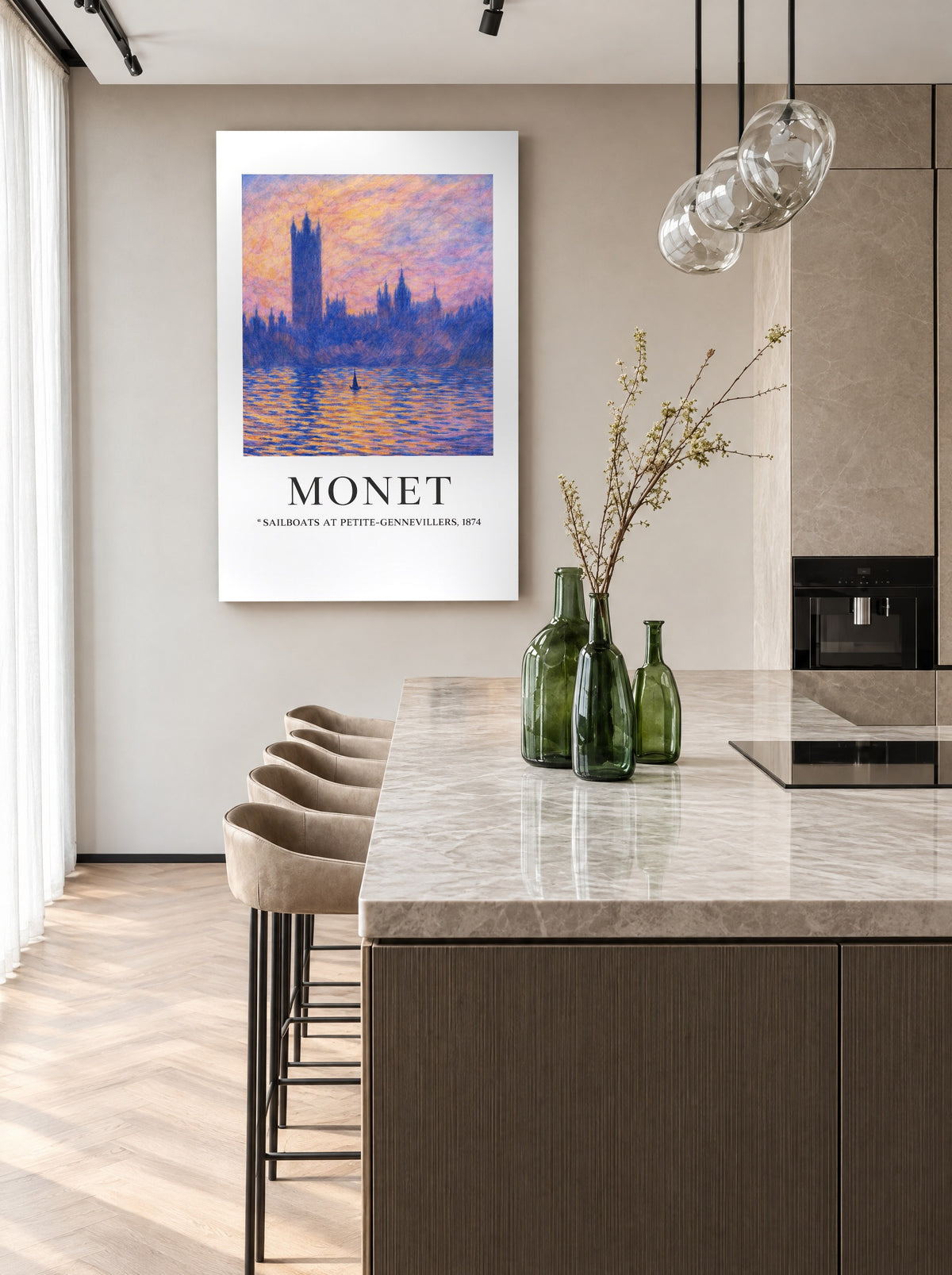 Pastelstad aan de Avondrivier als canvas zonder lijst aan de muur