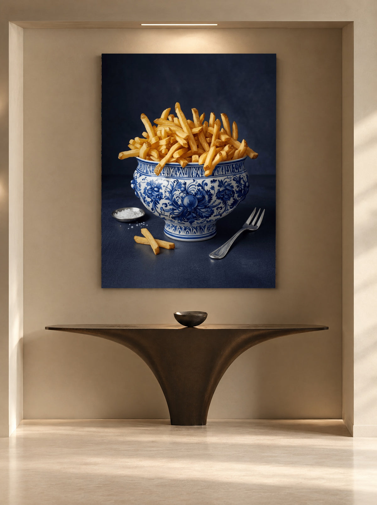 Patat op Delfts Blauw als canvas zonder lijst aan de muur
