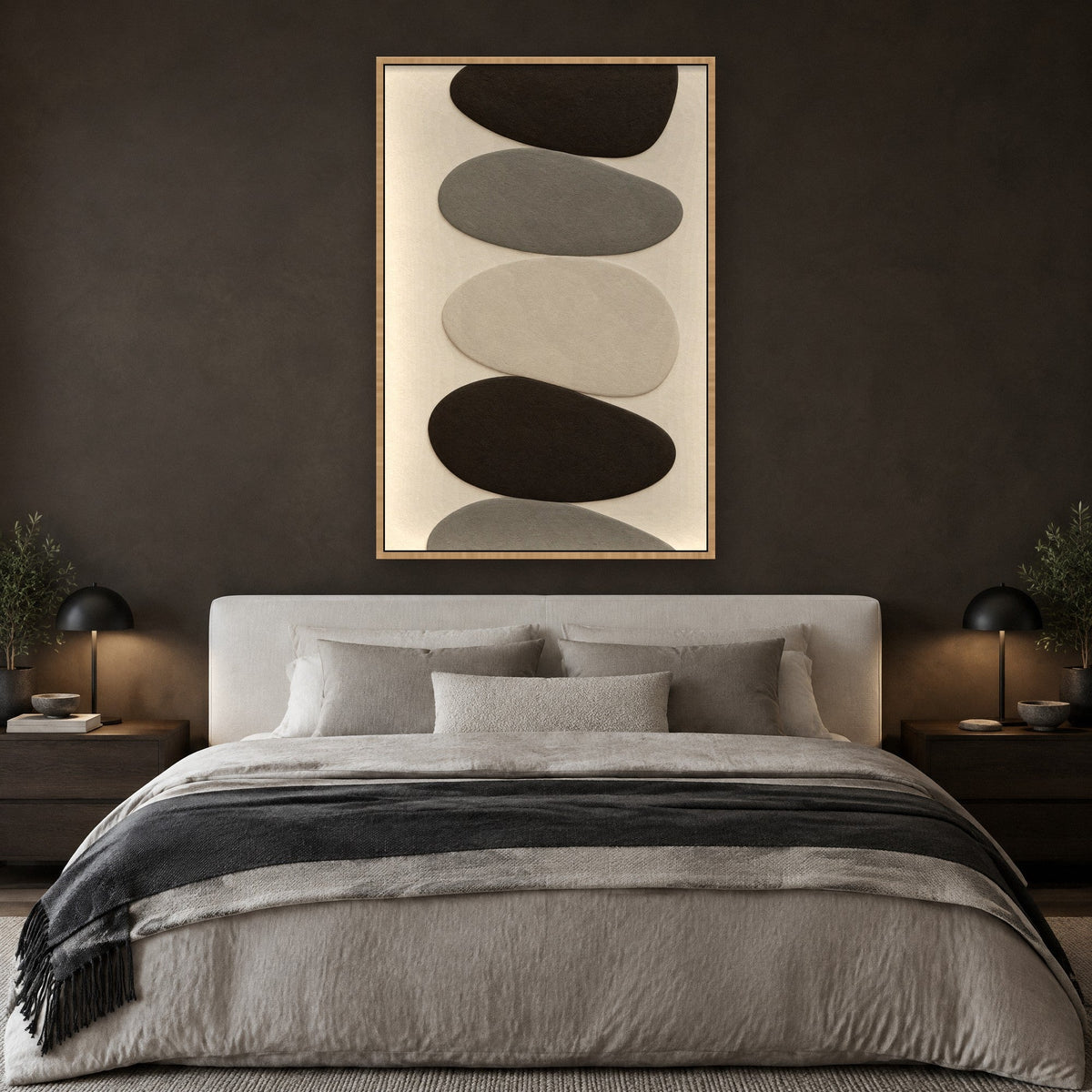 Pebble Stack in Balance wall art with natural wood frame on the wall in the bedroom