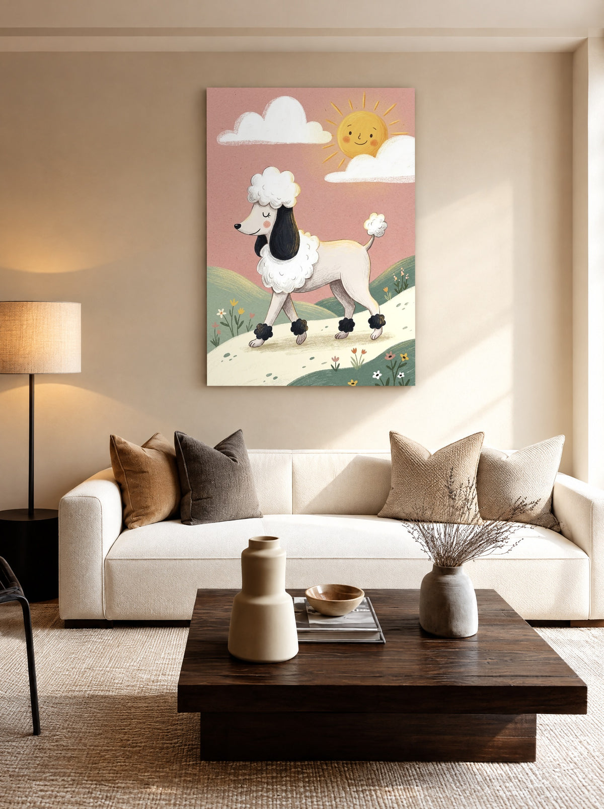 Poedel met Zonnestralen als canvas zonder lijst aan de muur