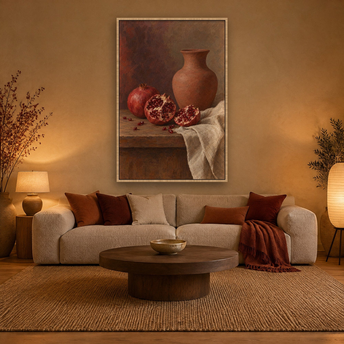 Granatäpfel beim Terrakottakrug Wandbild mit Naturholzrahmen an der Wand im Wohnzimmer