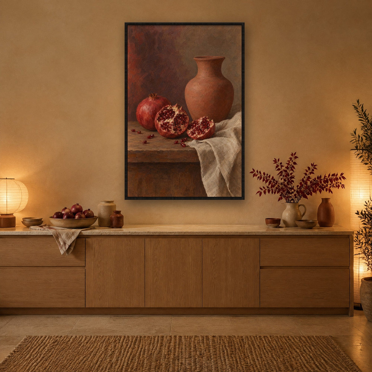 Granatäpfel beim Terrakottakrug Wandbild mit schwarzem Rahmen an der Wand in der Küche